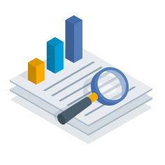 A magnifying glass rests on a stack of papers with a three-dimensional bar chart.  