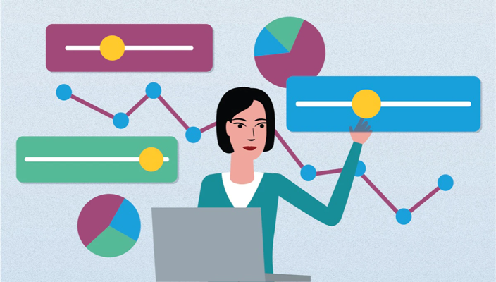 An illustration of a person using a computer who is surrounded by slide scales, graph lines and pie charts.