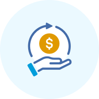 A hand holding a dollar symbol with an arched arrow overtop.