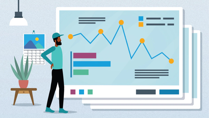 An illustration of a person looking at a line graph.