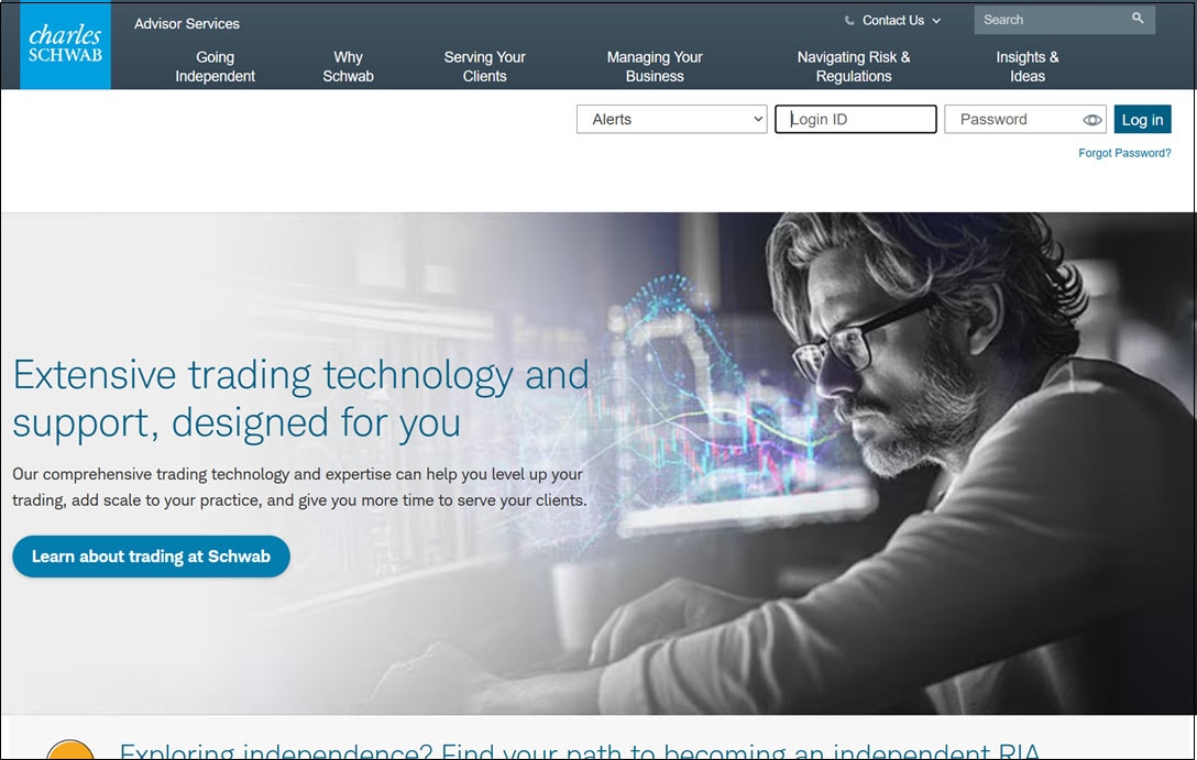 Schwab Advisor Services login screen.